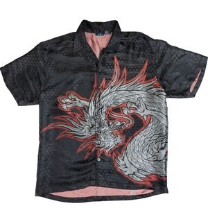 MT:2 Y2K Men's Large Dragon Button Down Short Sleeve Shirt Black Red Silver‎